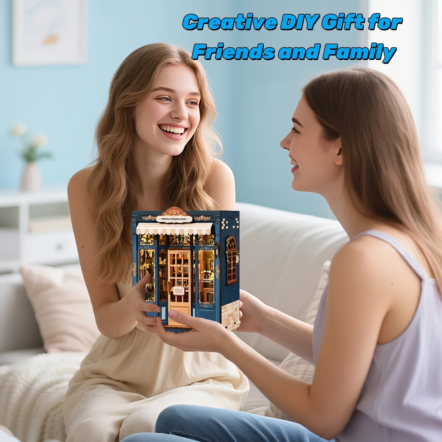 This DIY rattan pergola bookend kit features a 3D wooden miniature puzzle with LED lights, creating a cozy bookshelf decoration. A creative gift for teenagers and adults, it's perfect for birthdays or holidays and is suitable for ages 14 and up.