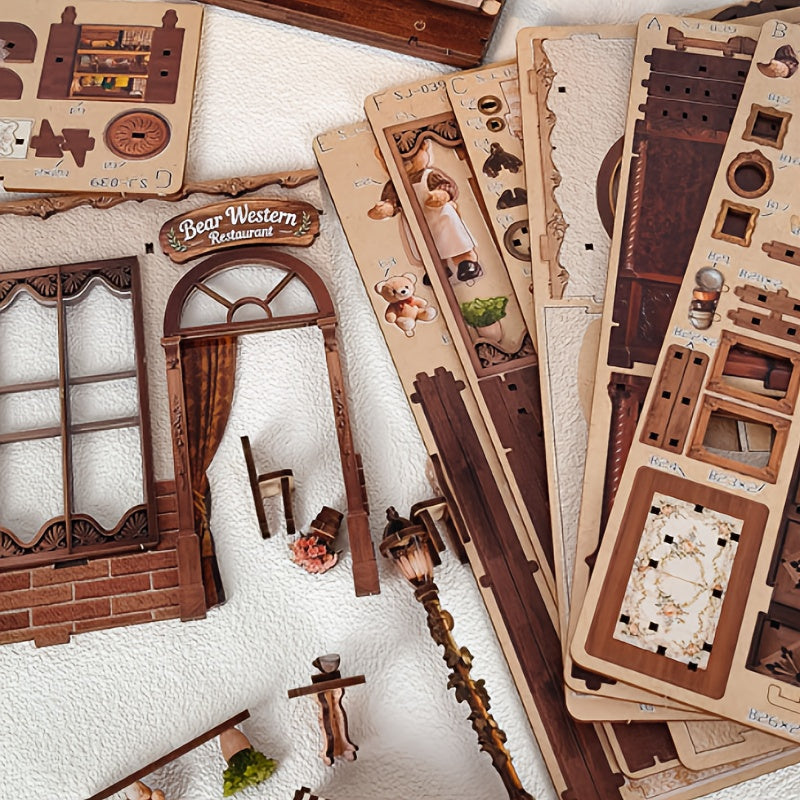 DIY立体书立套件,Book Nook Kit,DIY 微型娃娃屋书角套件—小熊西式甜点屋,立体建筑模型套装3D拼图书挡书架插入式装饰, diy小屋立体书立手工模型,3D益智微型书立小屋,送给家人朋友的生日礼物,返校季,秋收节,万圣节,圣诞节,新年,情人节,复活节礼物