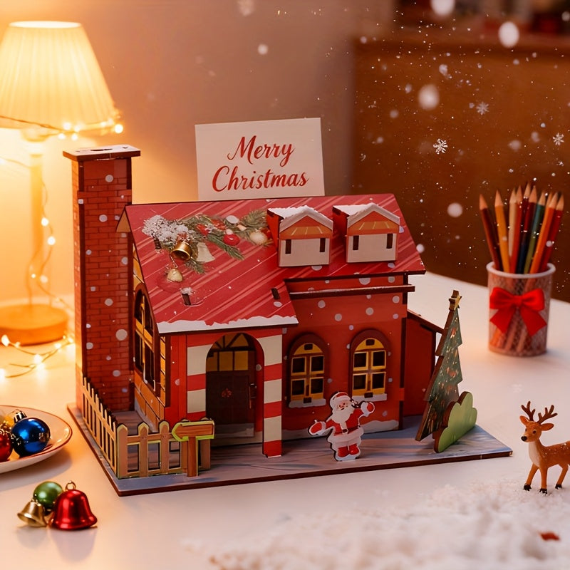 1 piece, 3D wooden Christmas wooden house puzzle | Christmas atmosphere + puzzle fun double online! Parent-child assembly interaction/home decoration/creative gifts/exercise hands-on ability/cultivate spatial thinking/Christmas theme party decoration