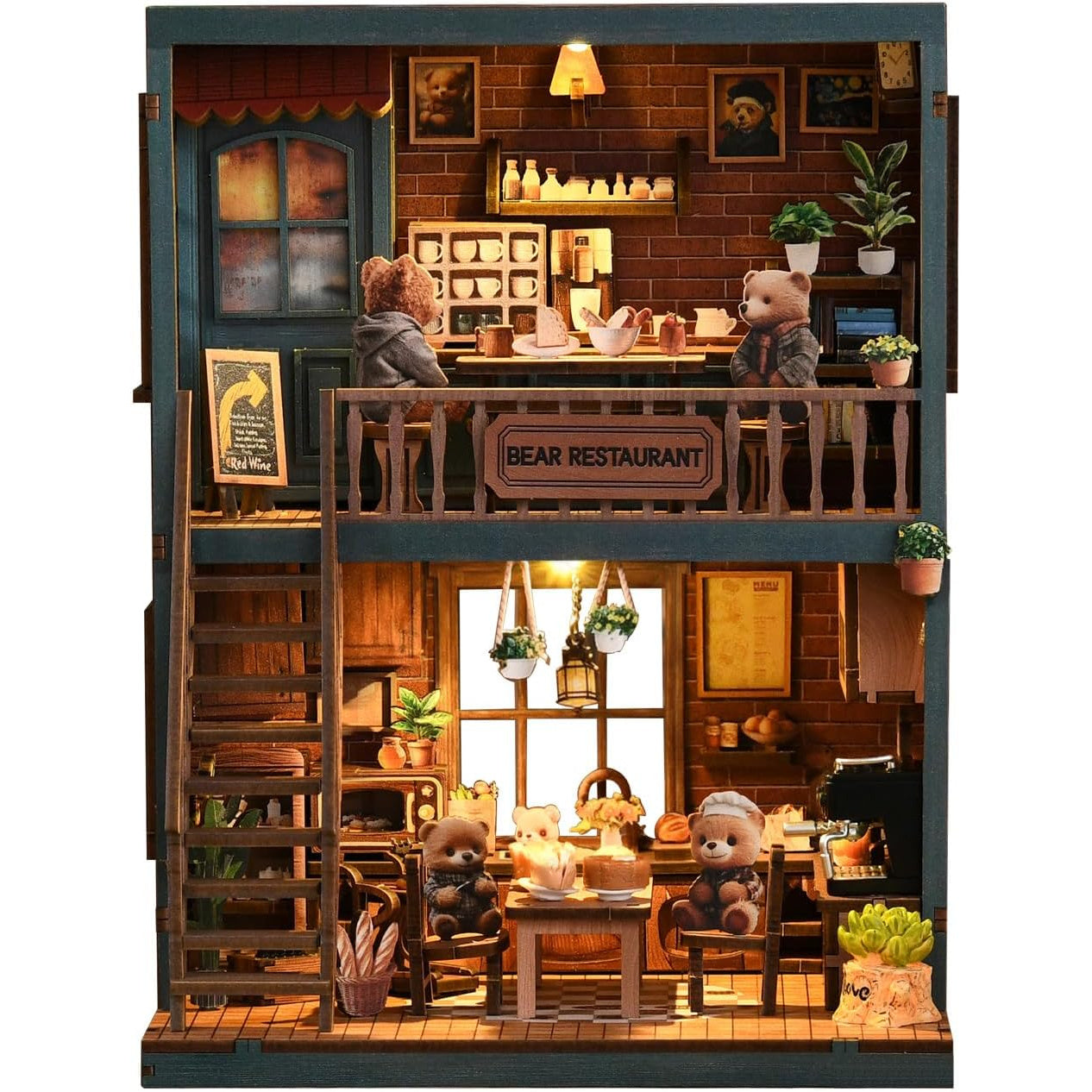 Book Corner Kit, DIY Mini Booknook Craft Bookshelf Decoration, Mini 3D Wooden Bear Restaurant Building Kit with Furniture and LED Lights, Miniature Scene Dollhouse Model Set, 262 Wooden Pieces, A Gift for Book Lovers (Cute Bear Food Time)