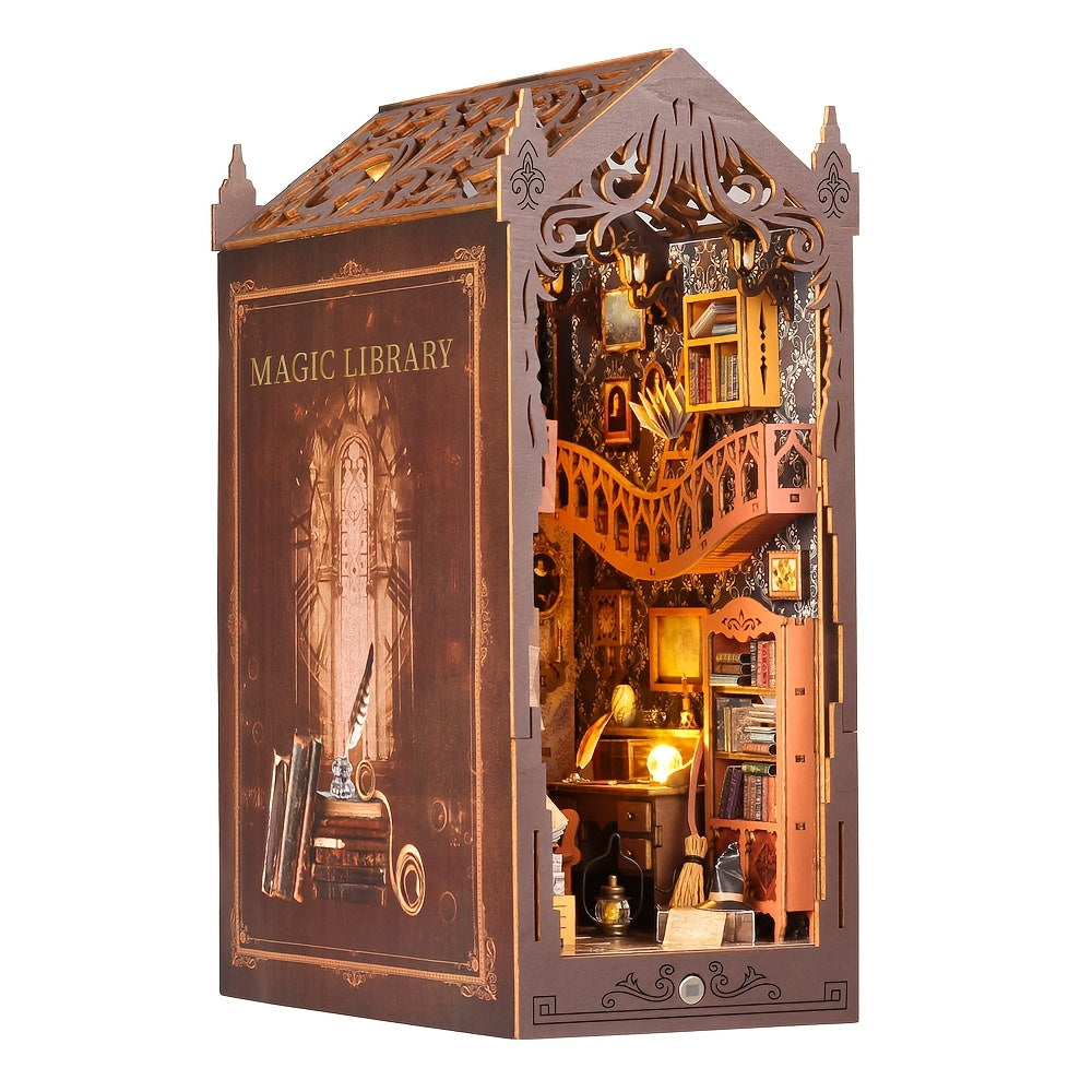 DIY Book Nook Dollhouse Assembly Handmade Magic Bookshelf Decoration Creative Craft, Handmade DIY Bookend Miniature World, Book House Model Building Kit Insert Decoration, Home Decor Book Ornament Stand for Bookshelf, Dollhouse Handicraft Hobby Adult