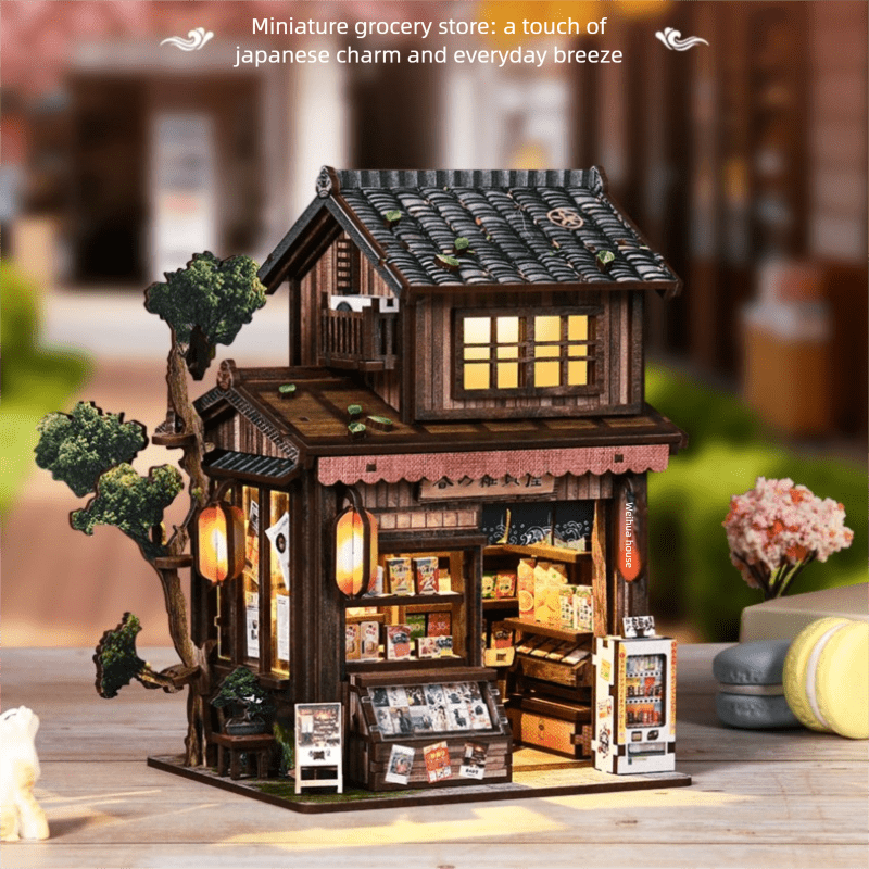 Spring Market Bookstore Set, 3D Wooden Puzzle Miniature House, Vintage Grocery Store Bookshelf Decoration, Adult Craft Set, Stress Relief Hobby Kit, Creative Birthday Gift, Desktop House Scene Ornament, Home Decor, Rustic Shop Model