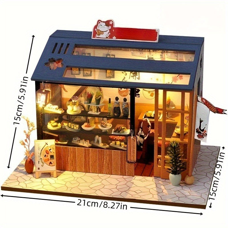DIY Mini Sushi Bar Model Set - Handmade wooden home decoration with blue and white logo, Japanese-style interior ornaments - the first choice for Christmas, Valentine's Day or New Year gifts, the perfect Christmas gift