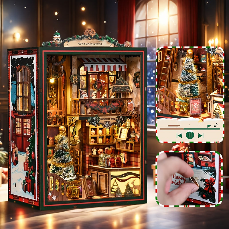 DIY Christmas Book Nook Assembly Kit Handmade Puzzle Gift Wooden Building Model Decoration Creative 3D Bookshelf Mini House Ornament