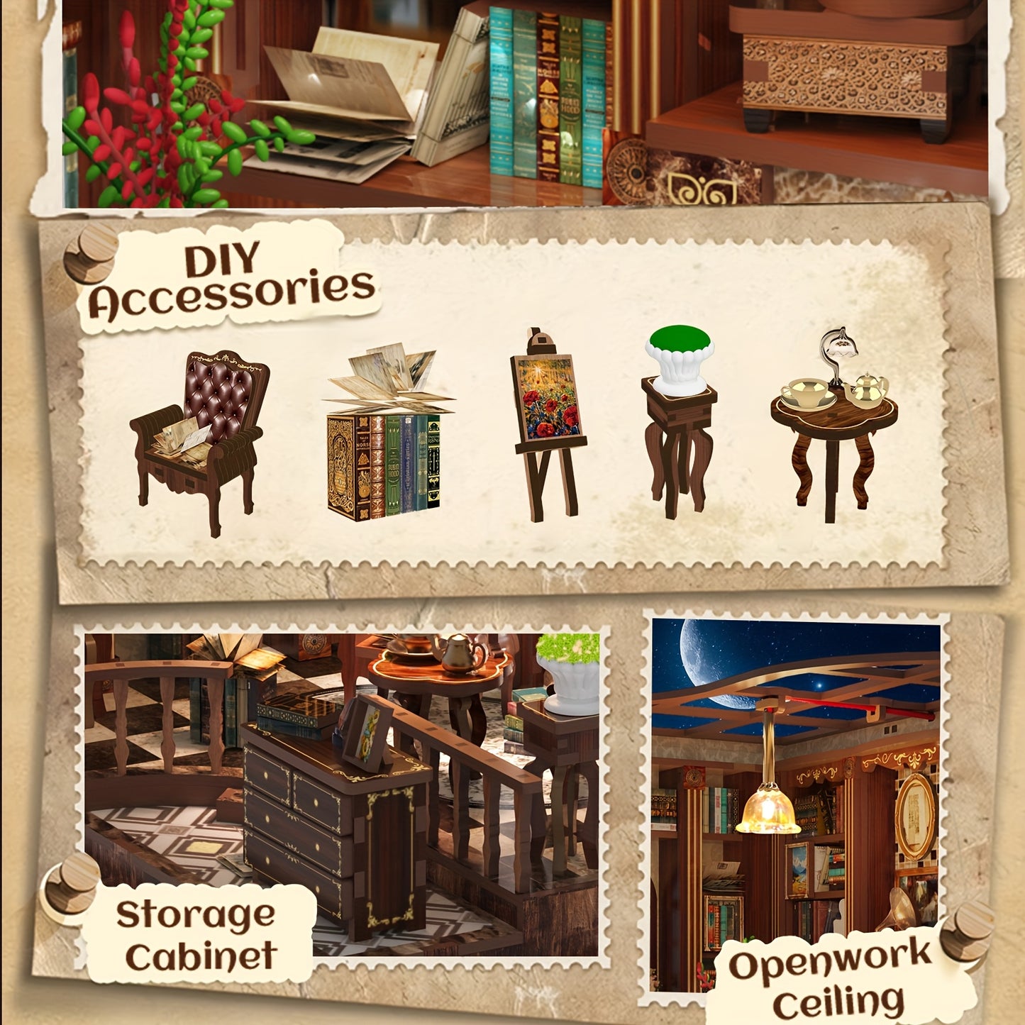 3D Wooden DIY Mini Puzzle Set with LED, perfect for decorating a corner of your study with a dollhouse or bookshelf, a small miniature house model craft kit, a creative gift for teenage boys and girls.