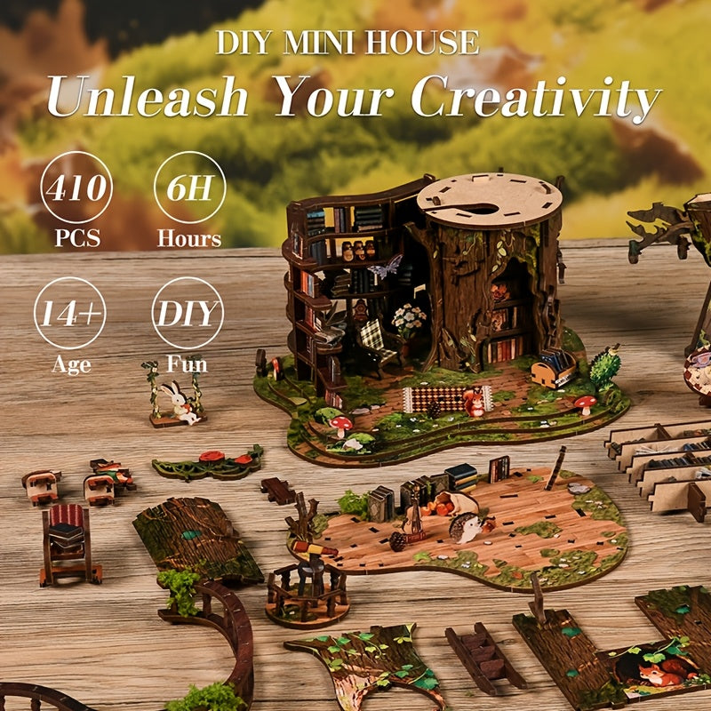 3D wooden modular building model, forest cabin style, exquisite ornament, a top choice for home and office decoration, beautiful gift, LED light