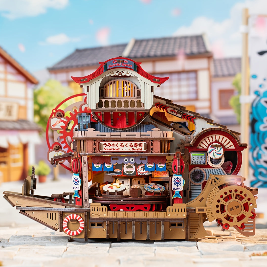 DIY Sushi Boat Assembled House Model Ornament, 3D Puzzle, Dynamic Mechanical Model, Ideal Gift for Christmas, Halloween, Valentine's Day, Easter, and Birthdays.