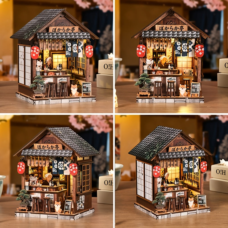 3D stereoscopic assembly Japanese izakaya dollhouse model, desktop ornament, creative handmade gift for adults, exquisite stress-relieving decoration, Easter gift, wooden 3D puzzle.