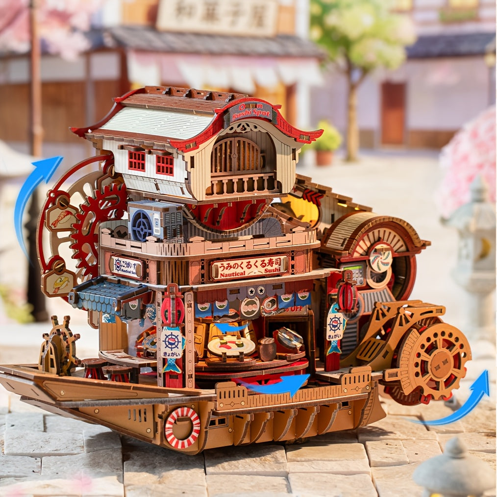 DIY Sushi Boat Assembled House Model Ornament, 3D Puzzle, Dynamic Mechanical Model, Ideal Gift for Christmas, Halloween, Valentine's Day, Easter, and Birthdays.