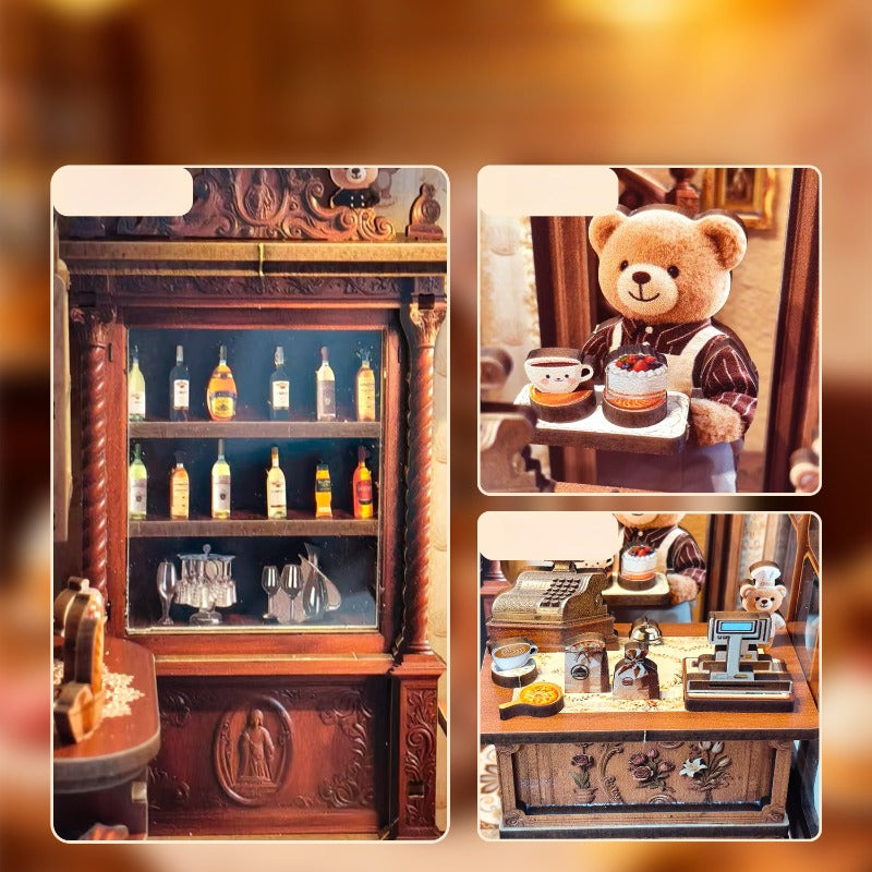 DIY立体书立套件，Book Nook Kit，DIY 微型娃娃屋书角套件—小熊西式甜点屋，立体建筑模型套装3D拼图书挡书架插入式装饰, diy小屋立体书立手工模型，3D益智微型书立小屋，送给家人朋友的生日礼物，返校季，秋收节，万圣节，圣诞节，新年，情人节，复活节礼物