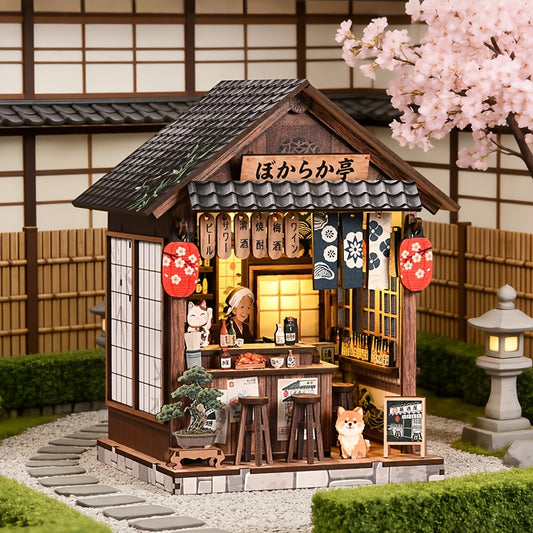 3D stereoscopic assembly Japanese izakaya dollhouse model, desktop ornament, creative handmade gift for adults, exquisite stress-relieving decoration, Easter gift, wooden 3D puzzle.