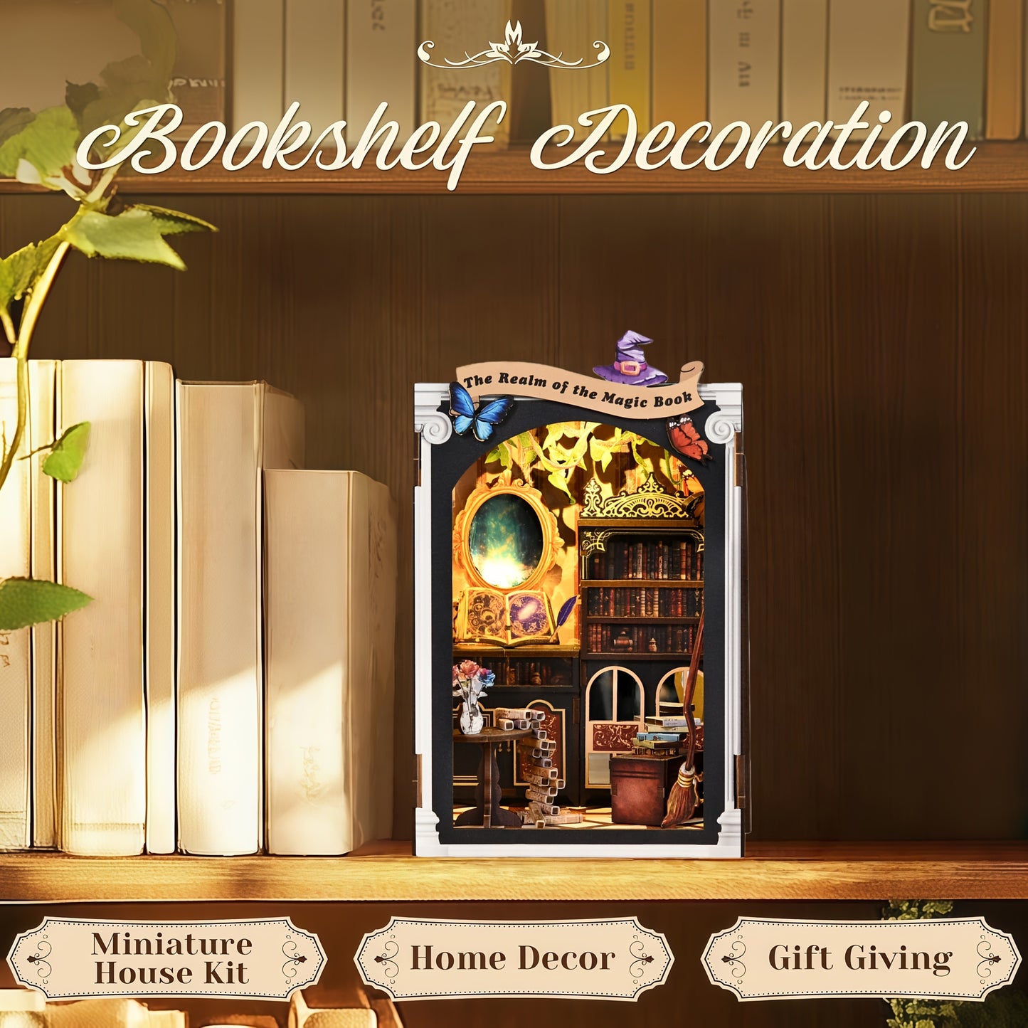 DIY Book Nook, 3D Wooden Puzzle, Magic Book Mirror, Bookshelf Decoration, Immersive Assembly Experience, Gift for DIY Craft Enthusiasts, Adults, Teenagers, 14+, Suitable for Beginners