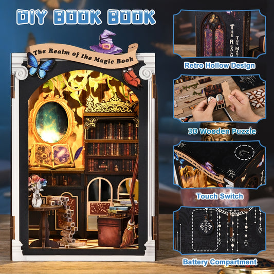 DIY Book Nook, 3D Wooden Puzzle, Magic Book Mirror, Bookshelf Decoration, Immersive Assembly Experience, Gift for DIY Craft Enthusiasts, Adults, Teenagers, 14+, Suitable for Beginners