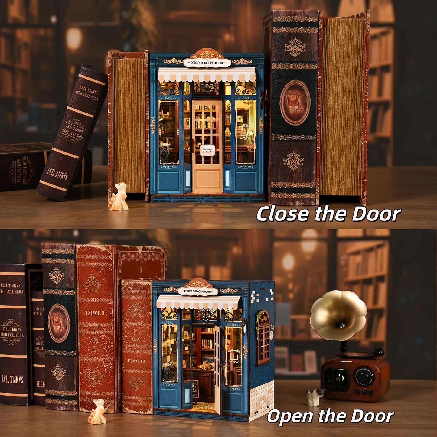 This DIY rattan pergola bookend kit features a 3D wooden miniature puzzle with LED lights, creating a cozy bookshelf decoration. A creative gift for teenagers and adults, it's perfect for birthdays or holidays and is suitable for ages 14 and up.