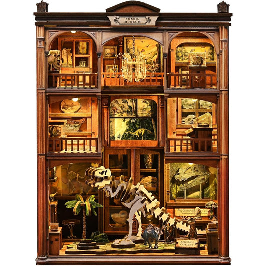 Book Nook Kit, DIY Miniature House Kit for Dinosaur Fossil Exhibit Museum with LED Lights, 316 Wooden Pieces, 3D Wooden Puzzle Craft Gift for Adults and Teens, Ideal Gift for Family and Friends (Fossil Museum)