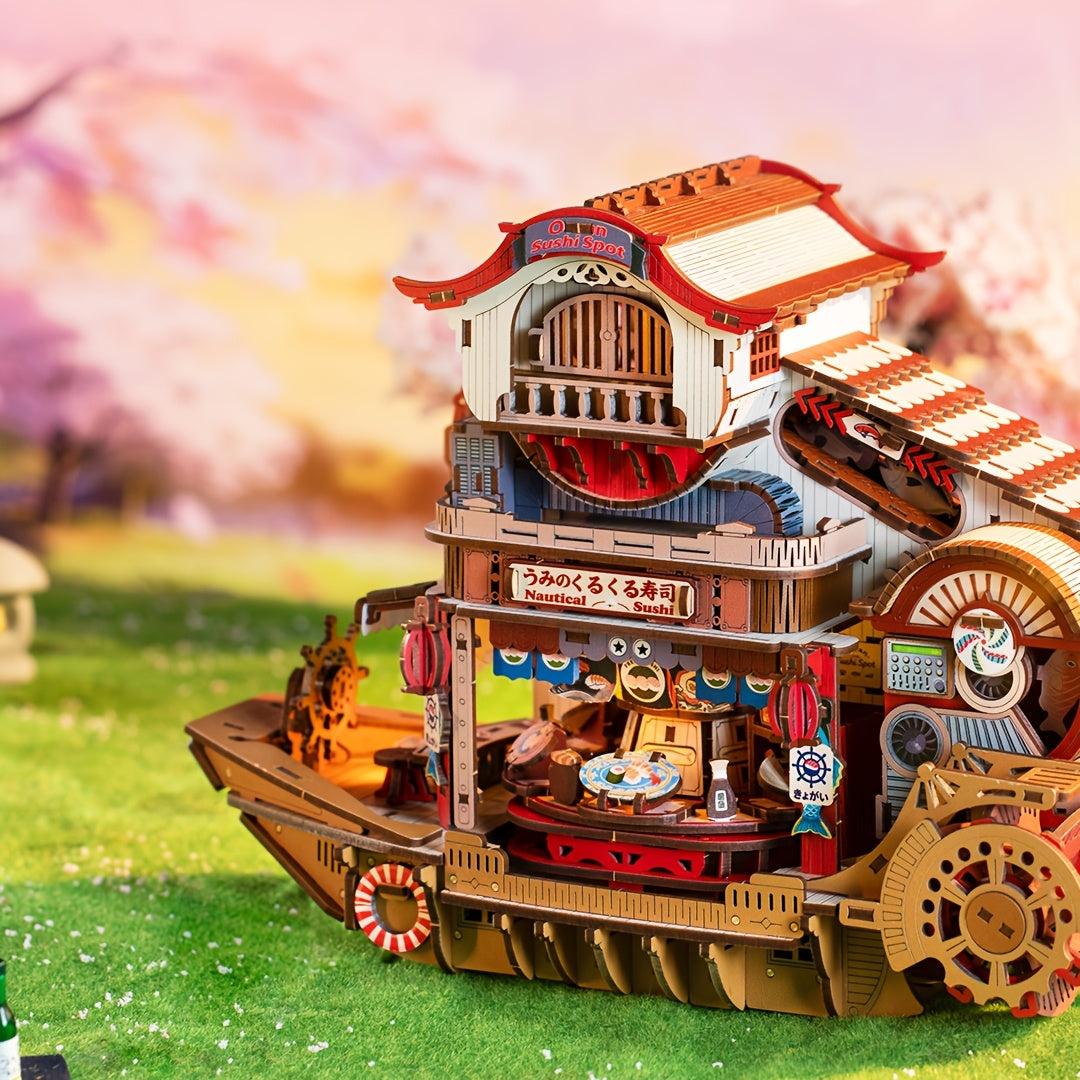 DIY Sushi Boat Assembled House Model Ornament, 3D Puzzle, Dynamic Mechanical Model, Ideal Gift for Christmas, Halloween, Valentine's Day, Easter, and Birthdays.