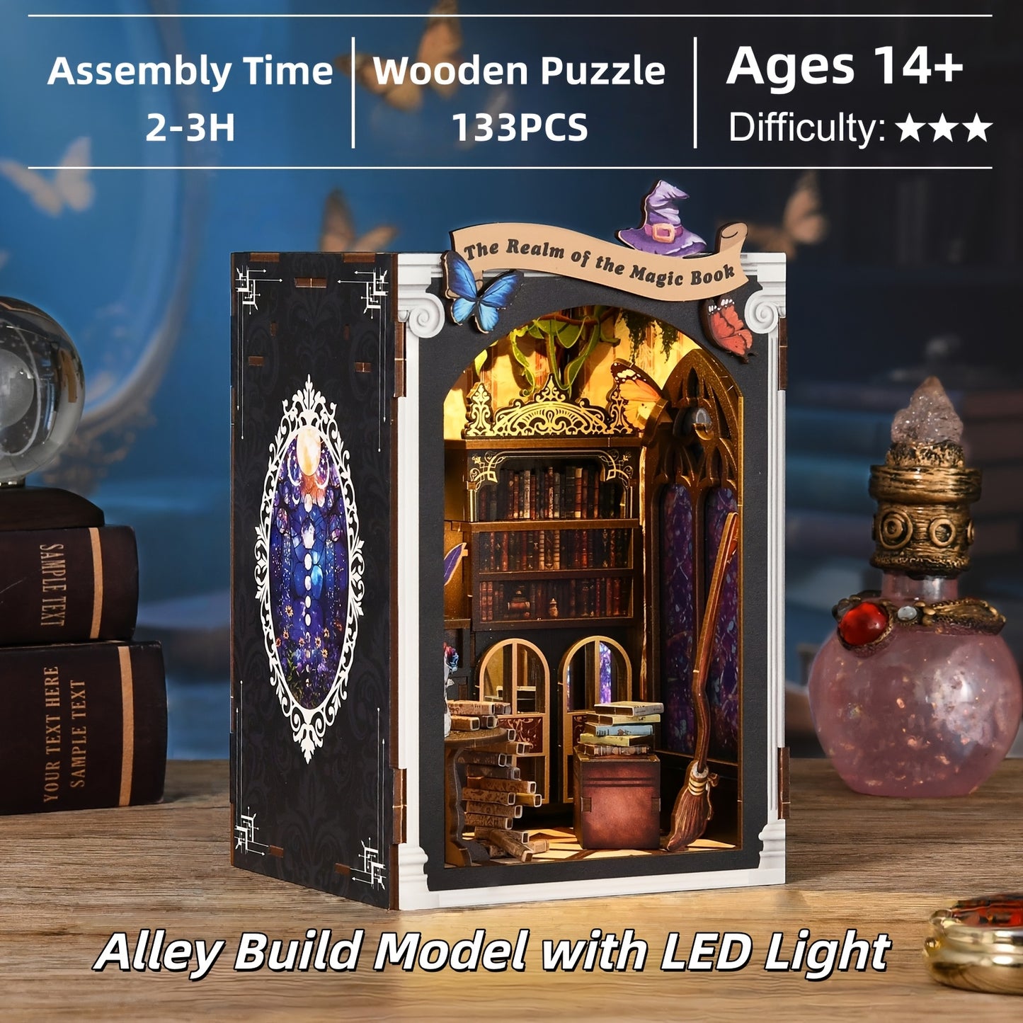 DIY Book Nook, 3D Wooden Puzzle, Magic Book Mirror, Bookshelf Decoration, Immersive Assembly Experience, Gift for DIY Craft Enthusiasts, Adults, Teenagers, 14+, Suitable for Beginners