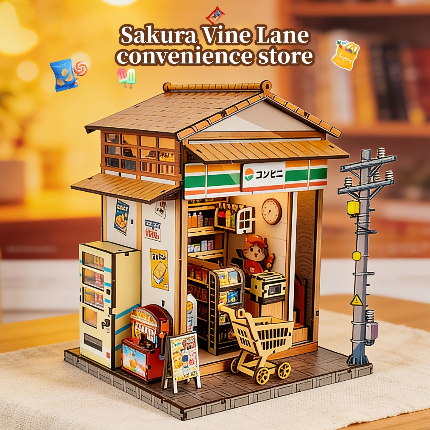 3D wooden puzzle model book stand in Sakura Vine Lane convenience store