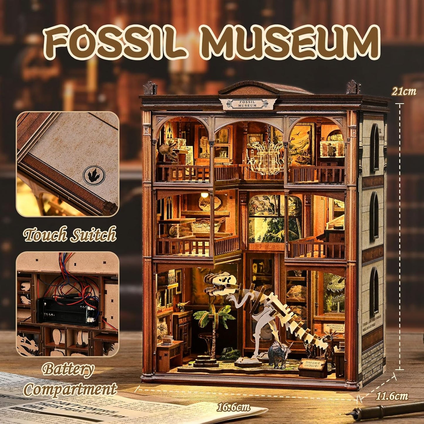 Book Nook Kit, DIY Miniature House Kit for Dinosaur Fossil Exhibit Museum with LED Lights, 316 Wooden Pieces, 3D Wooden Puzzle Craft Gift for Adults and Teens, Ideal Gift for Family and Friends (Fossil Museum)