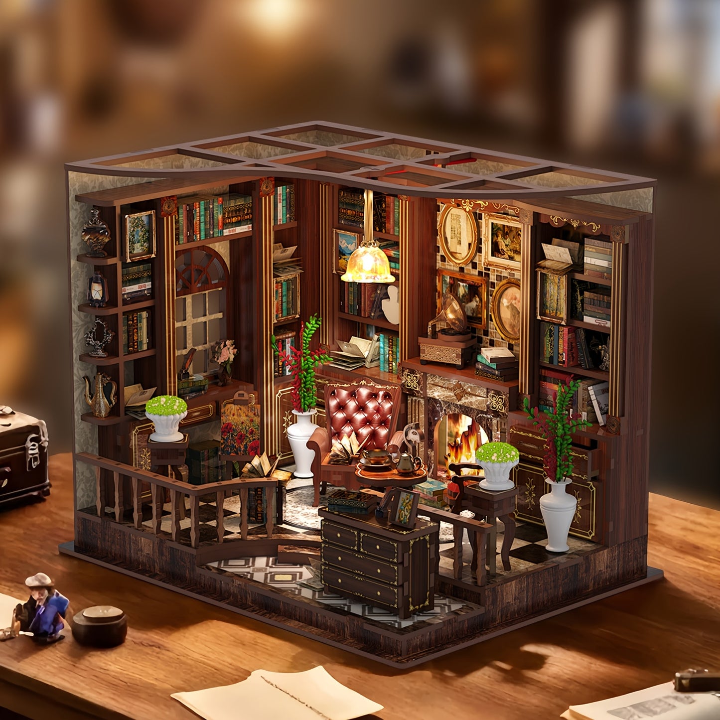 3D Wooden DIY Mini Puzzle Set with LED, perfect for decorating a corner of your study with a dollhouse or bookshelf, a small miniature house model craft kit, a creative gift for teenage boys and girls.