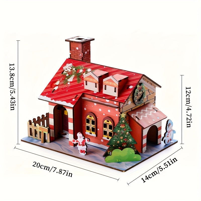 1 piece, 3D wooden Christmas wooden house puzzle | Christmas atmosphere + puzzle fun double online! Parent-child assembly interaction/home decoration/creative gifts/exercise hands-on ability/cultivate spatial thinking/Christmas theme party decoration