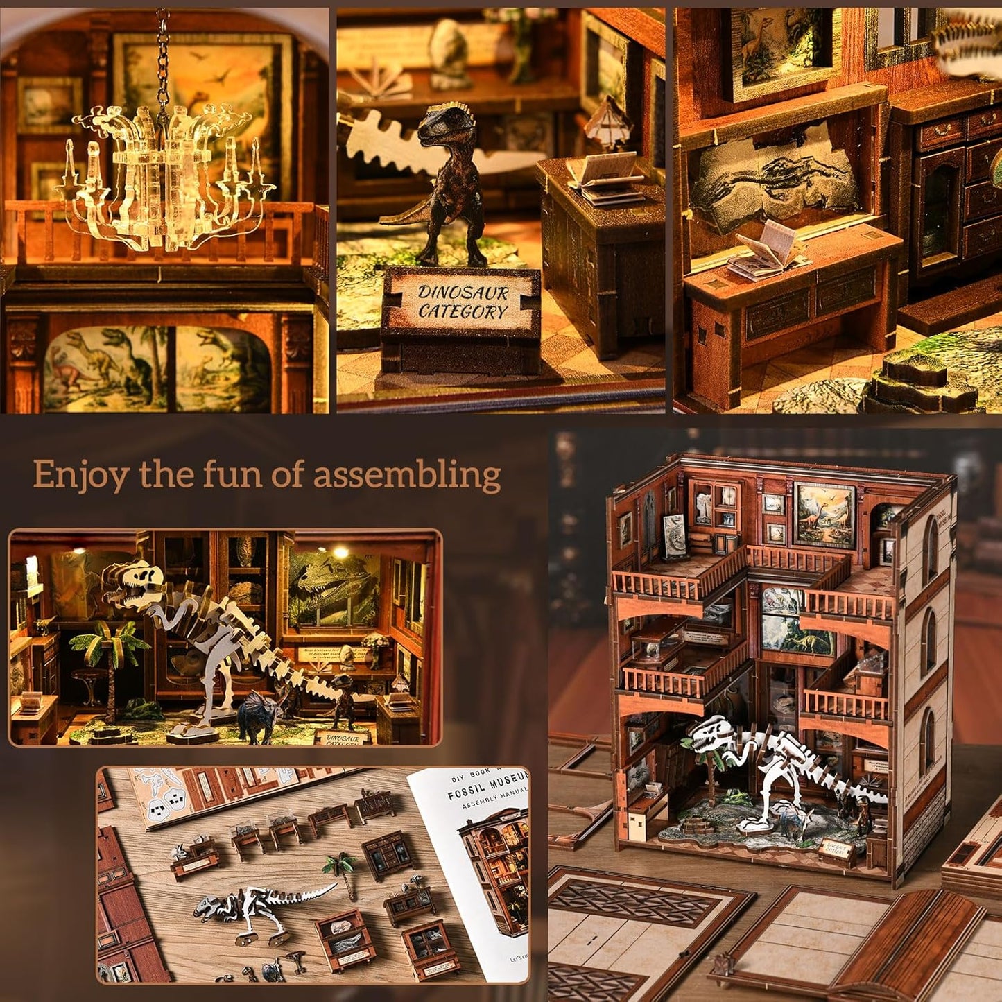 Book Nook Kit, DIY Miniature House Kit for Dinosaur Fossil Exhibit Museum with LED Lights, 316 Wooden Pieces, 3D Wooden Puzzle Craft Gift for Adults and Teens, Ideal Gift for Family and Friends (Fossil Museum)