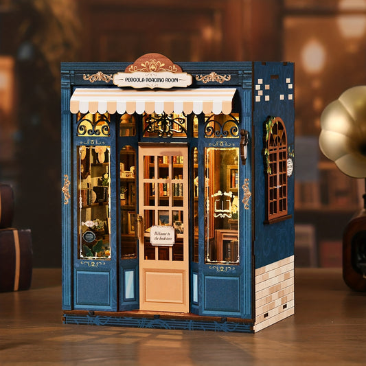 This DIY rattan pergola bookend kit features a 3D wooden miniature puzzle with LED lights, creating a cozy bookshelf decoration. A creative gift for teenagers and adults, it's perfect for birthdays or holidays and is suitable for ages 14 and up.