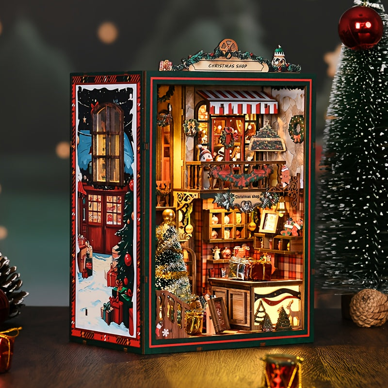 DIY Christmas Book Nook Assembly Kit Handmade Puzzle Gift Wooden Building Model Decoration Creative 3D Bookshelf Mini House Ornament
