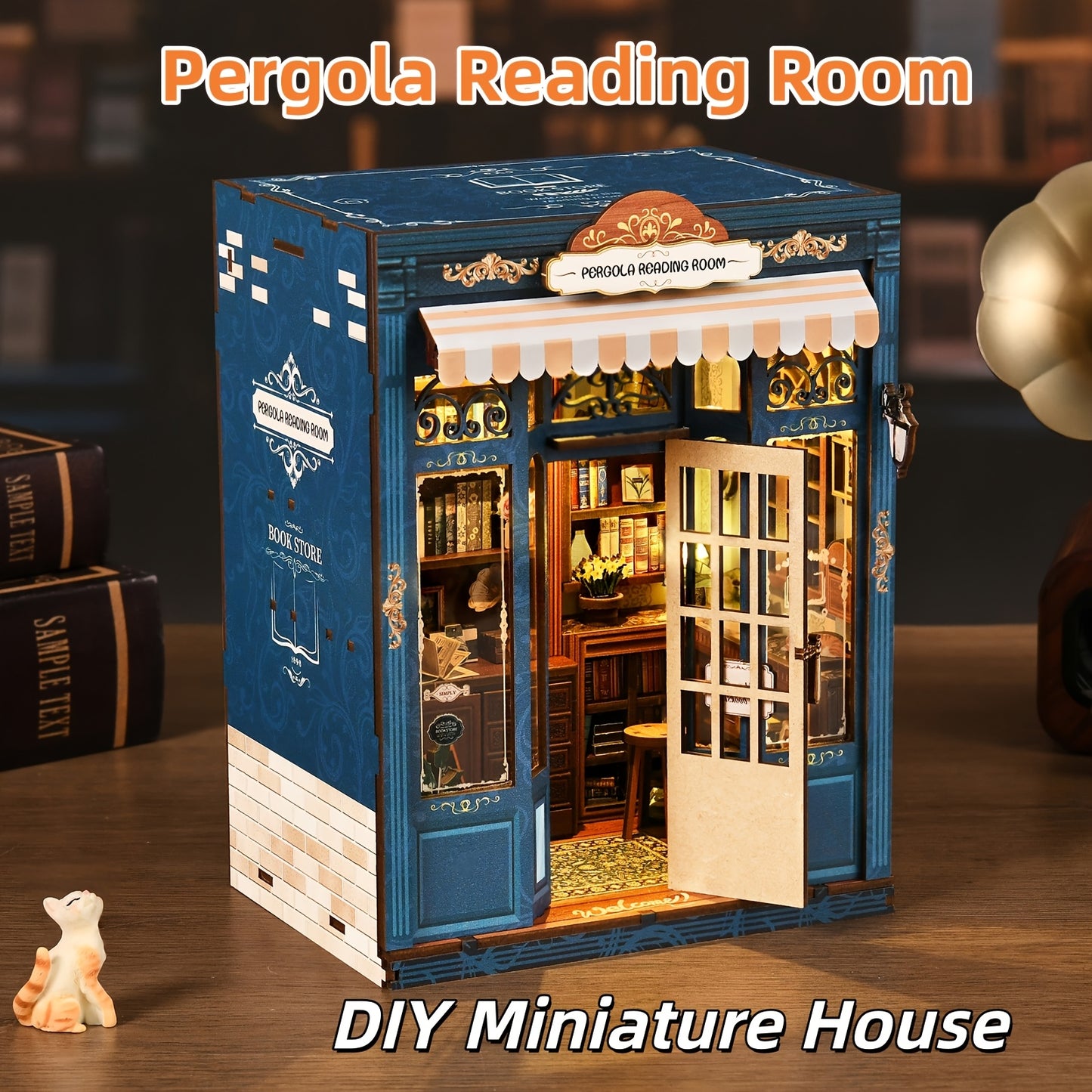 This DIY rattan pergola bookend kit features a 3D wooden miniature puzzle with LED lights, creating a cozy bookshelf decoration. A creative gift for teenagers and adults, it's perfect for birthdays or holidays and is suitable for ages 14 and up.
