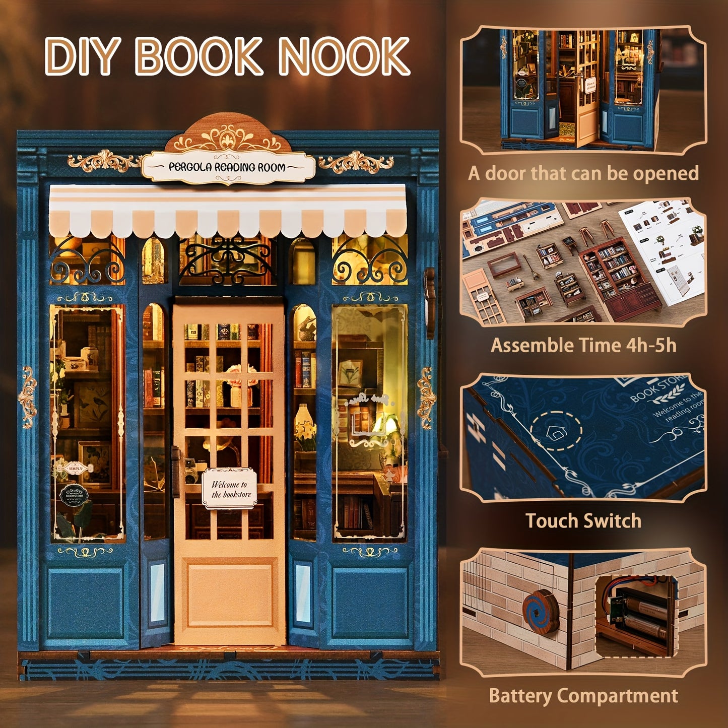 This DIY rattan pergola bookend kit features a 3D wooden miniature puzzle with LED lights, creating a cozy bookshelf decoration. A creative gift for teenagers and adults, it's perfect for birthdays or holidays and is suitable for ages 14 and up.