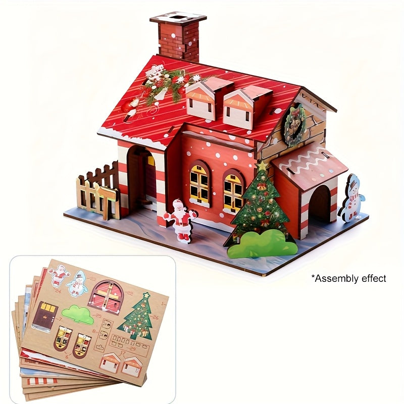 1 piece, 3D wooden Christmas wooden house puzzle | Christmas atmosphere + puzzle fun double online! Parent-child assembly interaction/home decoration/creative gifts/exercise hands-on ability/cultivate spatial thinking/Christmas theme party decoration