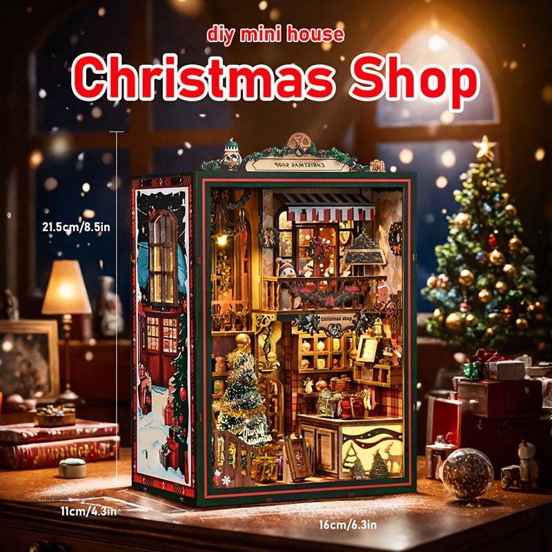 DIY Christmas Book Nook Assembly Kit Handmade Puzzle Gift Wooden Building Model Decoration Creative 3D Bookshelf Mini House Ornament