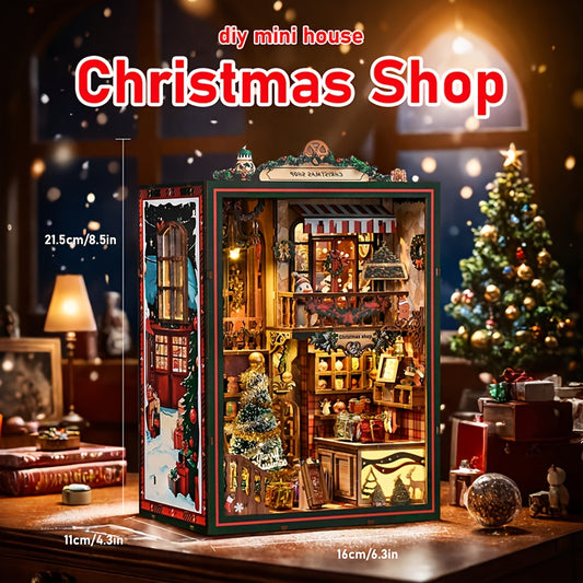 DIY Christmas Book Nook Assembly Kit Handmade Puzzle Gift Wooden Building Model Decoration Creative 3D Bookshelf Mini House Ornament