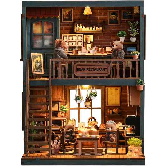 Book Corner Kit, DIY Mini Booknook Craft Bookshelf Decoration, Mini 3D Wooden Bear Restaurant Building Kit with Furniture and LED Lights, Miniature Scene Dollhouse Model Set, 262 Wooden Pieces, A Gift for Book Lovers (Cute Bear Food Time)