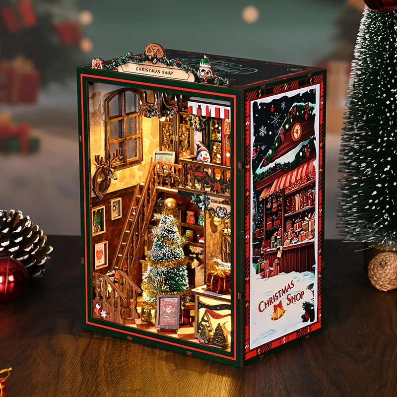 DIY Christmas Book Nook Assembly Kit Handmade Puzzle Gift Wooden Building Model Decoration Creative 3D Bookshelf Mini House Ornament