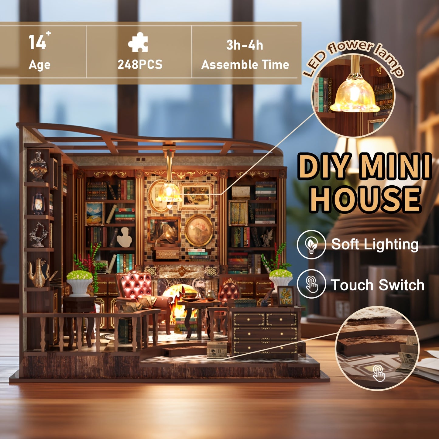 3D Wooden DIY Mini Puzzle Set with LED, perfect for decorating a corner of your study with a dollhouse or bookshelf, a small miniature house model craft kit, a creative gift for teenage boys and girls.