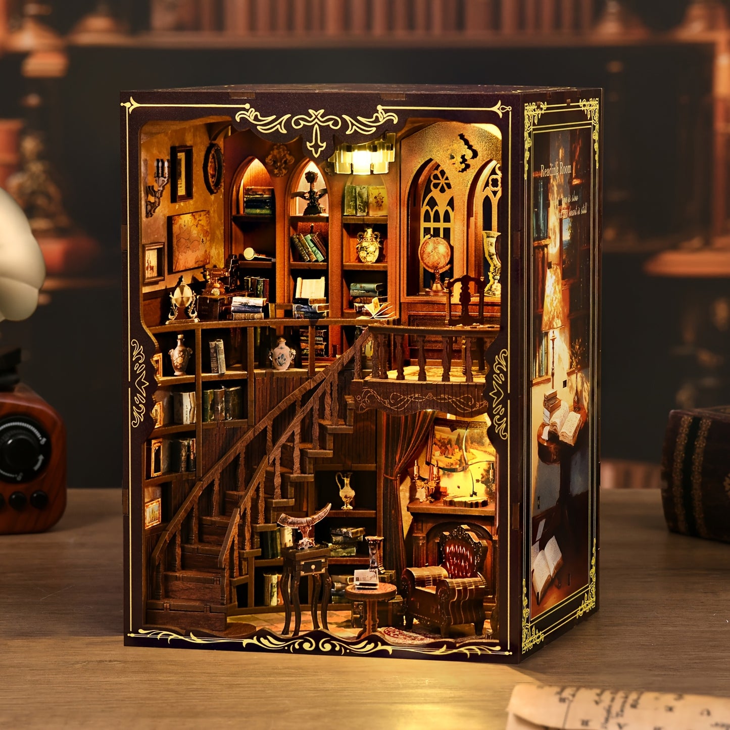 DIY Bookend Set, 3D wooden puzzle with a classic library feel, miniature bookends with LED lights, perfect for bookshelf decoration, a handmade gift for adults and teenagers who love books, and ideal for Christmas or birthdays.